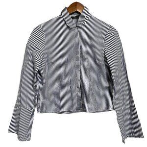 Zara Women's Blue White Striped Button Up Semi Cropped Bell Sleeve Blouse Medium